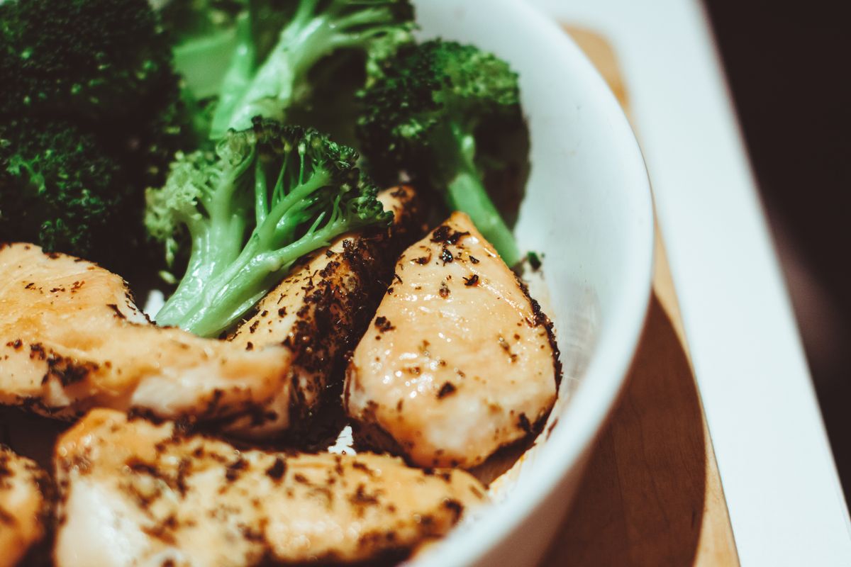 A healthy high-protein meal of chicken and broccoli to support weight management